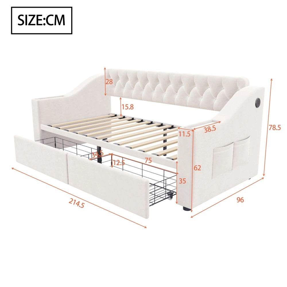 Letto Imbottito con Cassetto e USB ¨C MINIMAL ¨C Velluto Beige 90x190