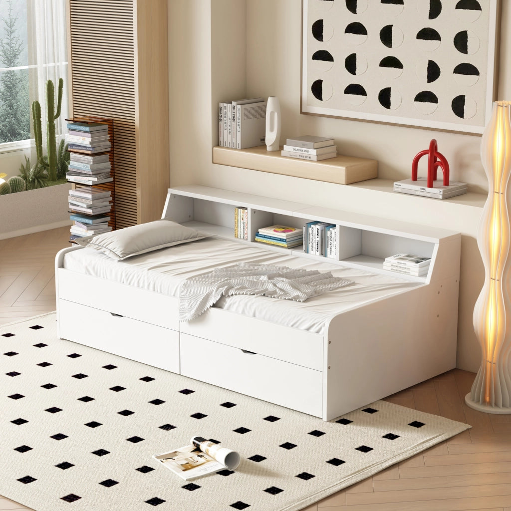 LETTO Daybed 90x200 cm con 2 cassetti e vani contenitore Bianco