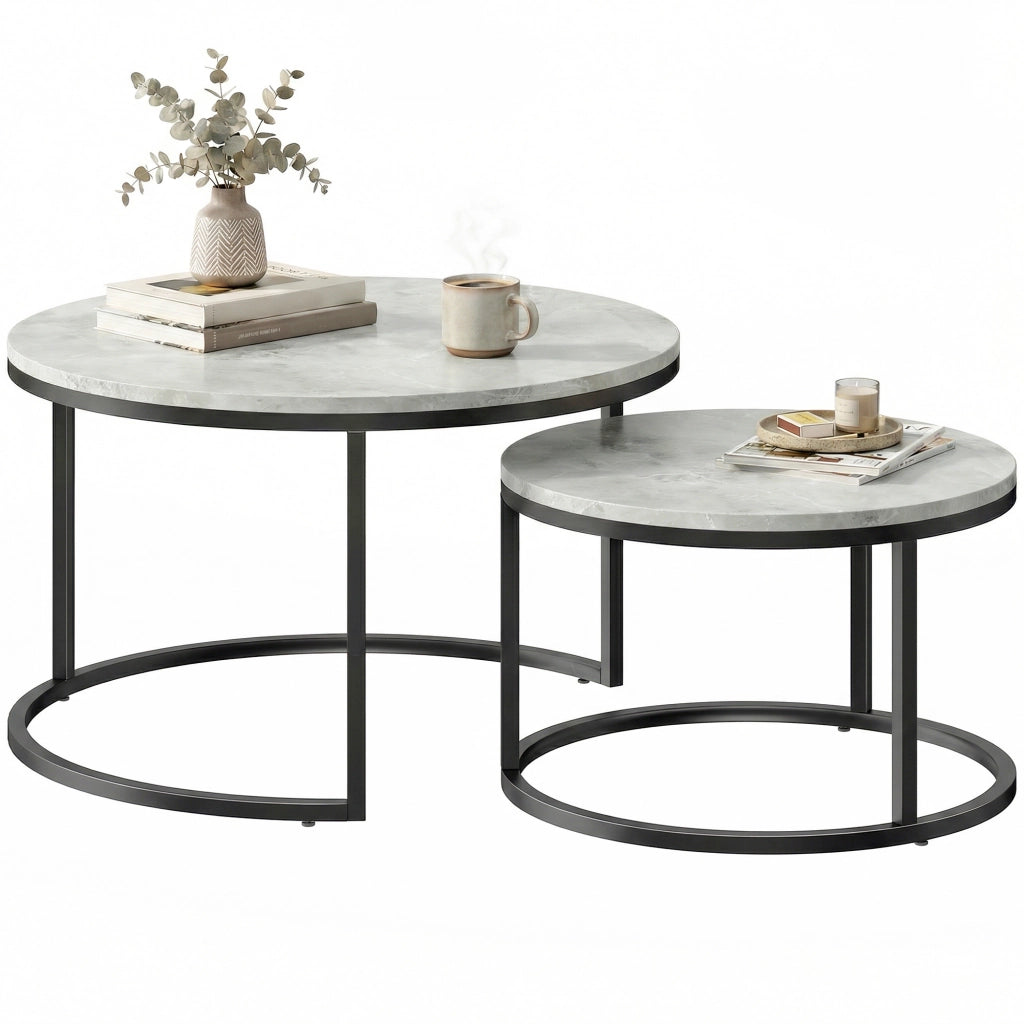 Set 2 Tavolini da Caff¨¨ Rotondi ¨C Xylo ¨C Effetto Marmo Grigio Legno Metallo