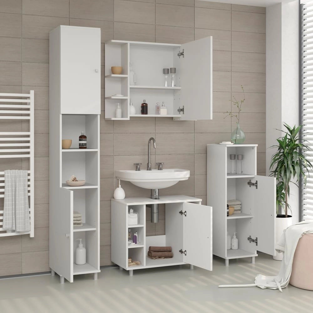 Specchio contenitore bagno Fynn, Bianco, 79.6 x 64 cm, con specchio e ripiani aperti per montaggio a parete
