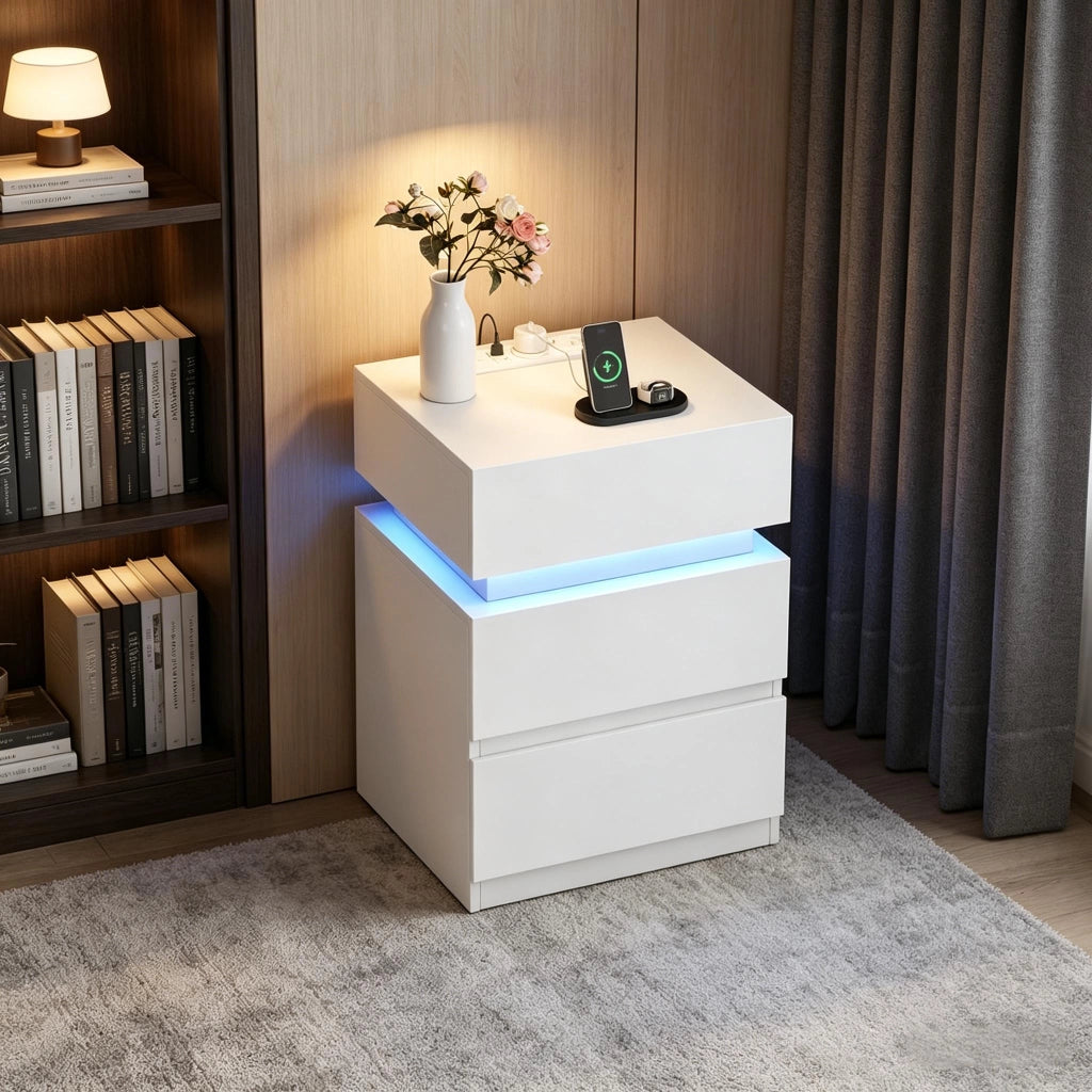 Comodino con LED, stazione di ricarica, 2 cassetti e vano a ribalta, per camera da letto, bianco 35 × 40 × 55 cm