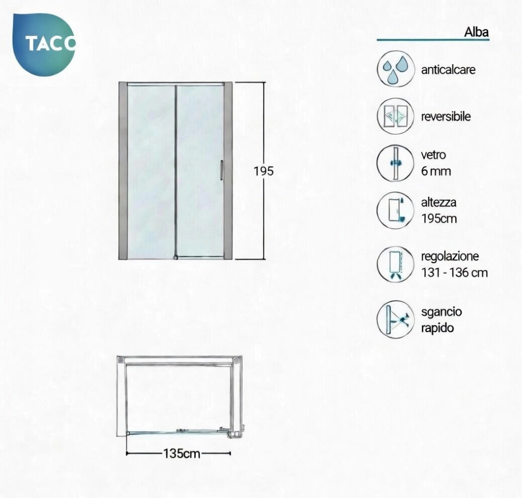 Box doccia a nicchia 135 cm porta scorrevole apertura laterale H195 cm ALBA Cromato
