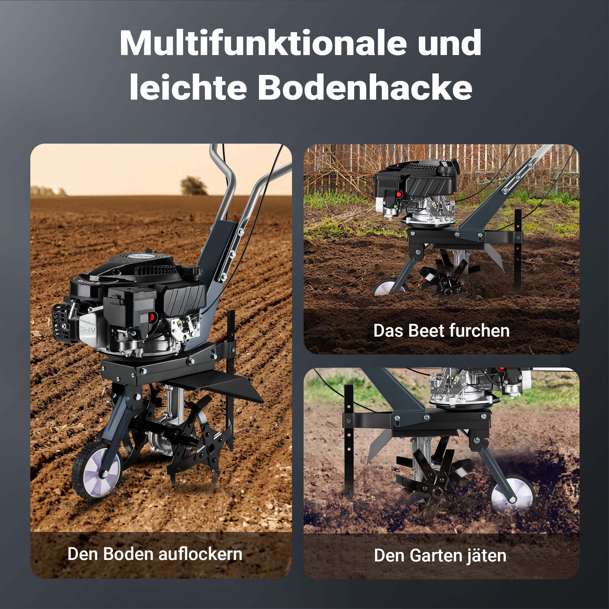 Motozappa a scoppio, fresa a scoppio, larghezza di lavoro 36 cm, profondità di lavoro 25 cm, motore a benzina a 4 tempi, 2,5 kW, 144cc , 4 set di lame