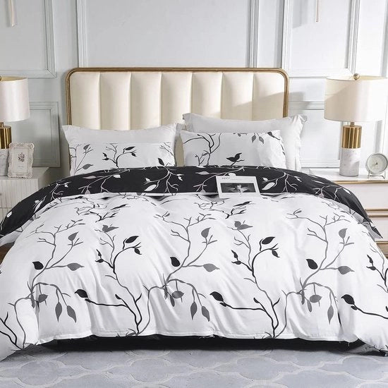 Coperta da letto 3 in 1 200 x 200 cm, modello fiorale, microfibra, 200 x 200 cm, microfibra, con cuscino con chiusura a raccordo, 2 maniglie, nero/bianco