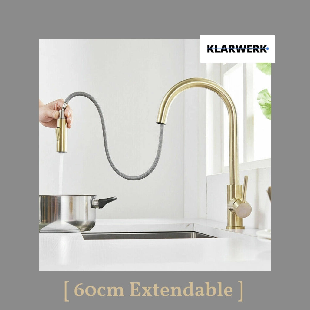 JANA | Rubinetto da cucina estraibile Premium in acciaio inox spazzolato oro | Rubinetto gastro alta pressione ruotabile a 360° 2 attacchi