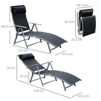 Sdraio da Giardino Pieghevole con Cuscino, Schienale con 7 Reclinazioni, 137x63.5x100.5cm, Nero