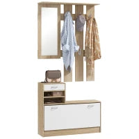 Mobile Appendiabiti 3 in 1 con Scarpiera e Specchio, Ganci e Cassetti, in Legno, 90x24x177 cm, Bianco e Quercia