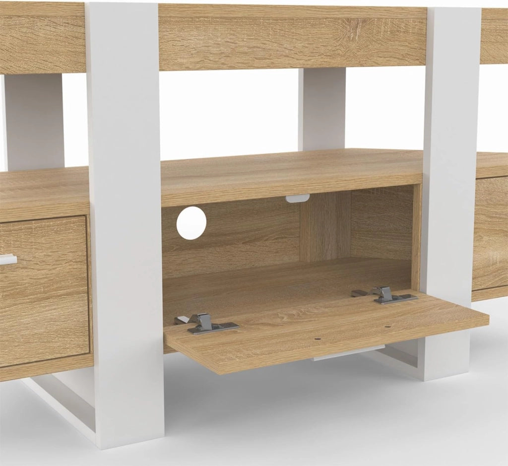 Mobile TV angolare PHOENIX 110 cm con cassetto in legno e bianco