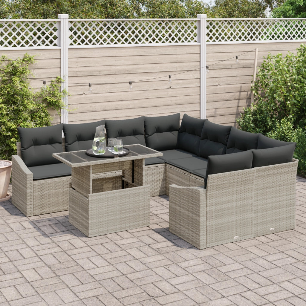 Set di divani da giardino a 9 pezzi con cuscini grigio chiaro in polirattan