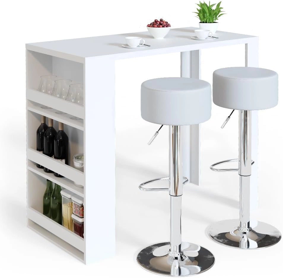 Tavolo bar alto, Bianco, 57 x 117 cm, con ripiani aperti per riporre utensili da cucina