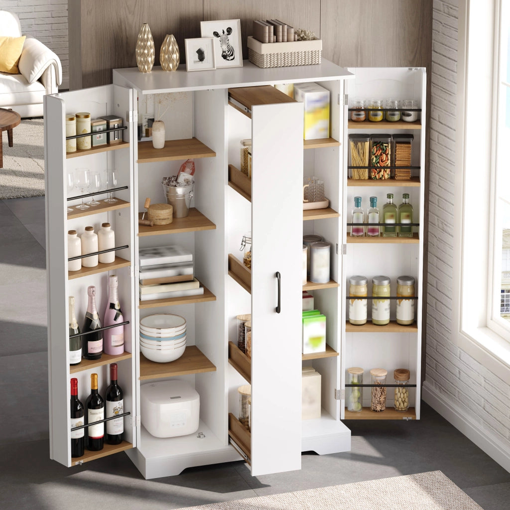 Mobile cucina con doppia anta, estraibile verticale a 4 livelli, ripiani regolabili e struttura in MDF - 150 x 78 x 40 cm, Bianco