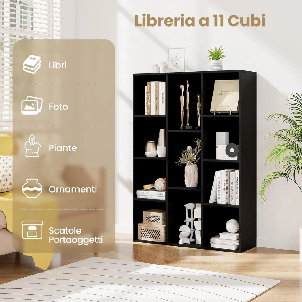 Libreria a 11 Cubi, Scaffale Moderno Geometrico con Kit Anti-Ribaltamento, Organizzatore di Libri Multifunzionale per Soggiorno Camera da Letto Studio, 74 x 24 x 106 cm (Nero)