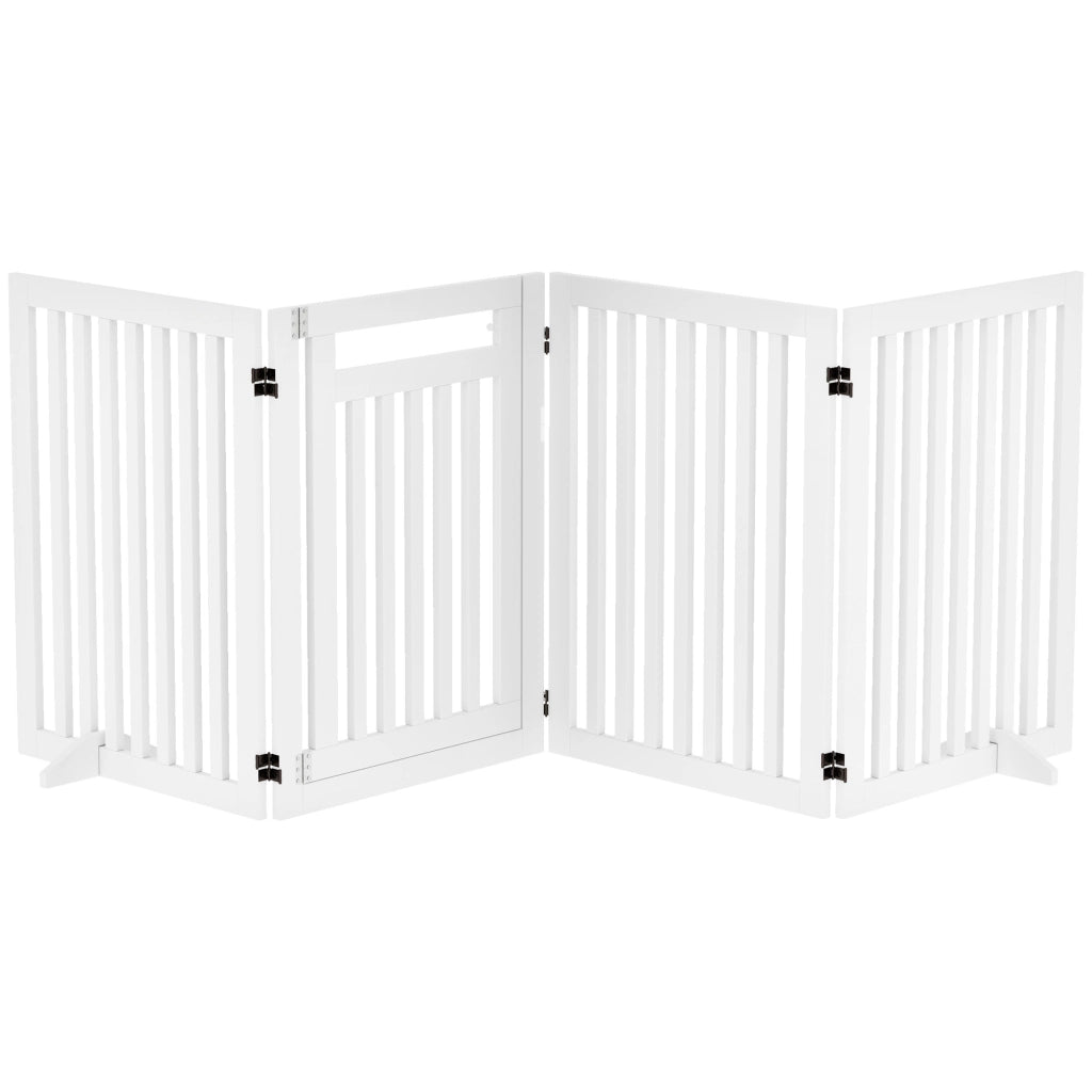 Barriera estensibile a forbice pieghevole a 4 pannelli con porta e piedini di supporto per cani in MDF bianco