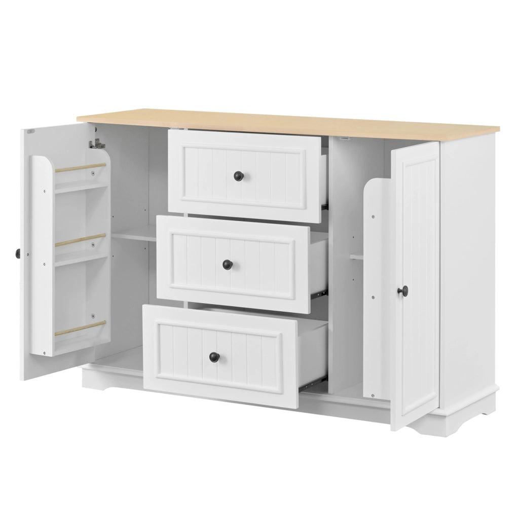 Credenza 126x40x86 cm con 3 cassetti e ripiani regolabili; MDF bianco