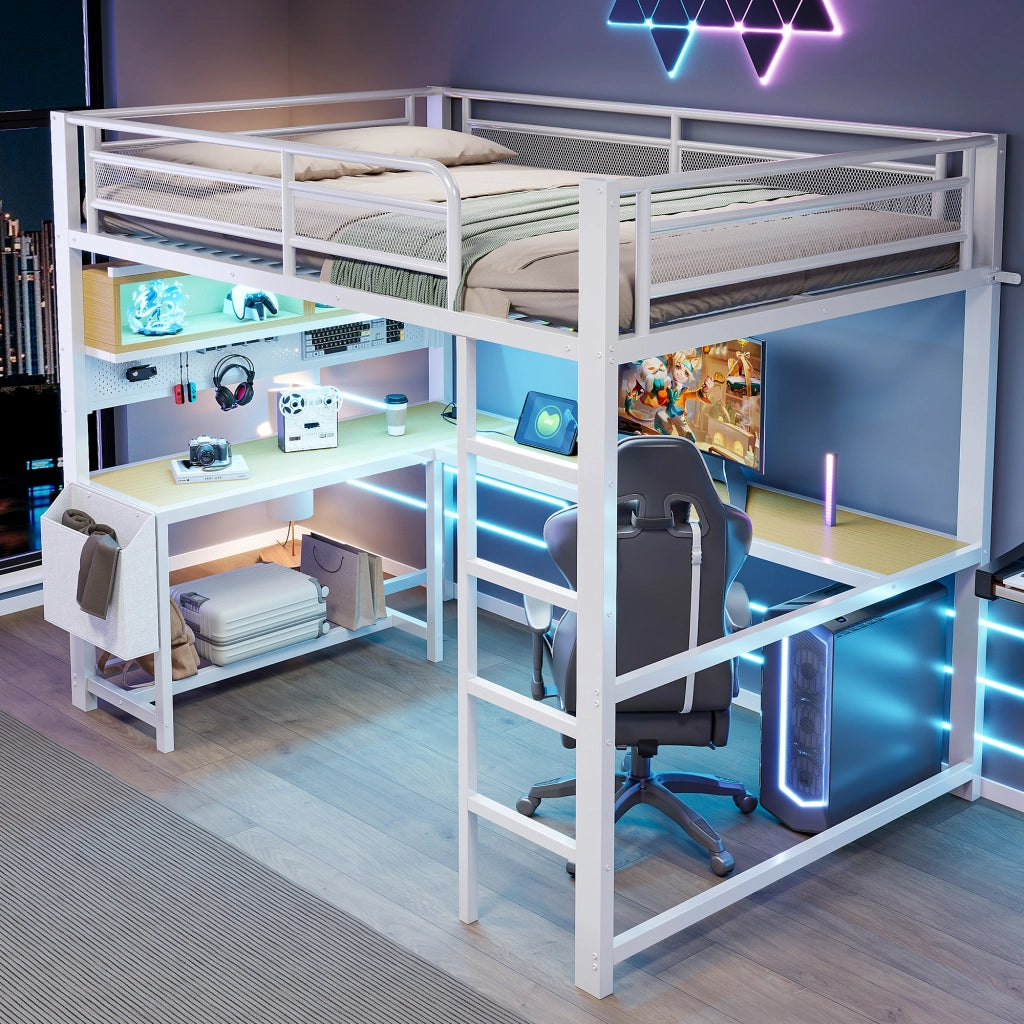 LETTO A soppalco 140x200 cm con scrivania LED USB MDF metallo bianco