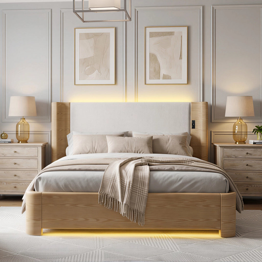 Letto contenitore matrimoniale 180 × 200 cm con LED a 7 colori, materasso non incluso, in velluto beige
