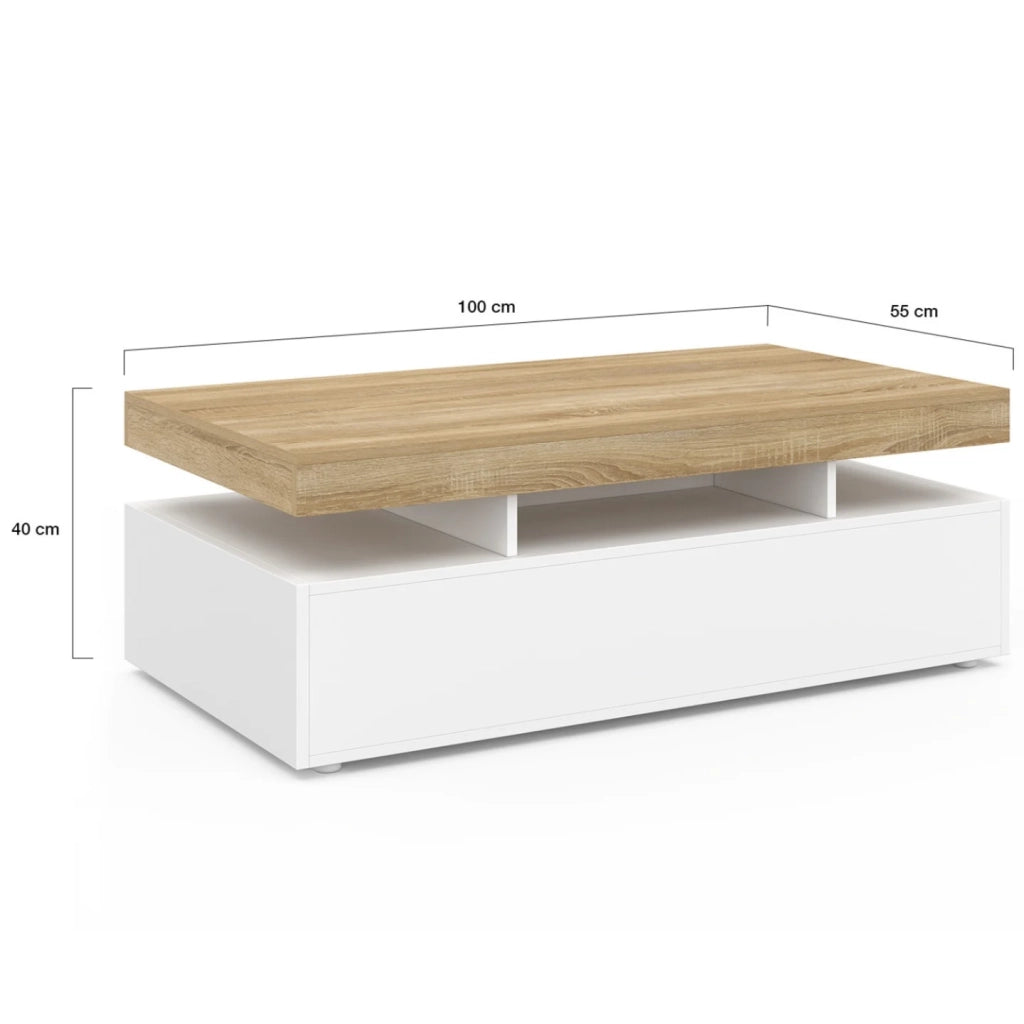 IDMarket - Tavolino rettangolare a 2 cassetti ELSA in legno bianco con piano in faggio