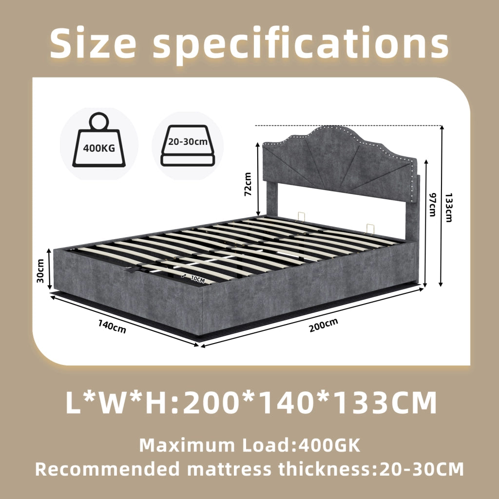 DESMIU Letto contenitore 140 × 200 cm 2 posti con testiera geometrica, senza materasso, in tessuto, grigio