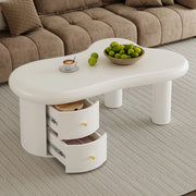Tavolino da caff¨¨ moderno bianco in MDF con forma irregolare, 2 cassetti e vano contenitivo, 97 x 64 x 42 cm