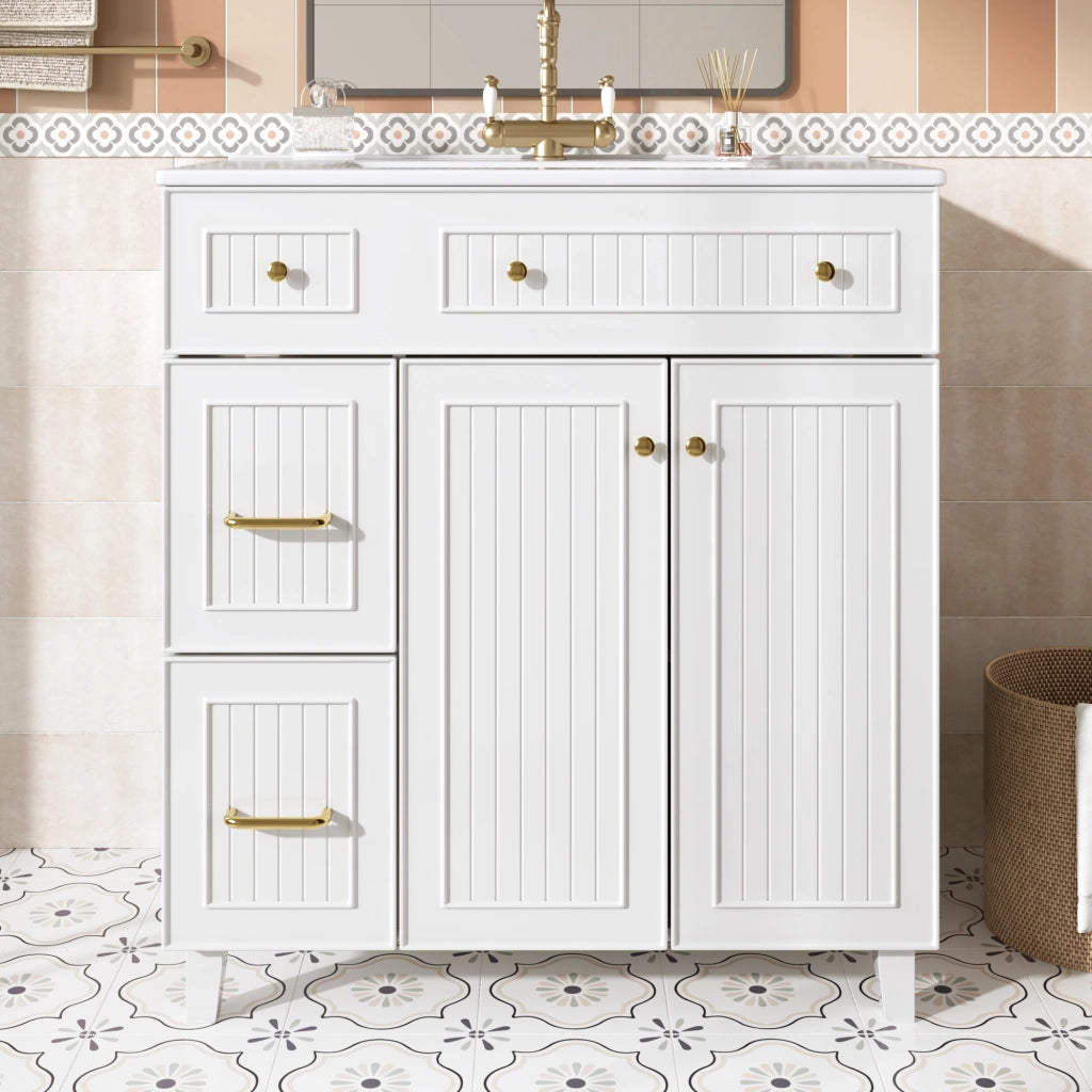 Mobile sottolavabo con lavabo in ceramica, 2 cassetti e 1 anta, piedini in legno massello, per bagno, bianco, 81,7 cm