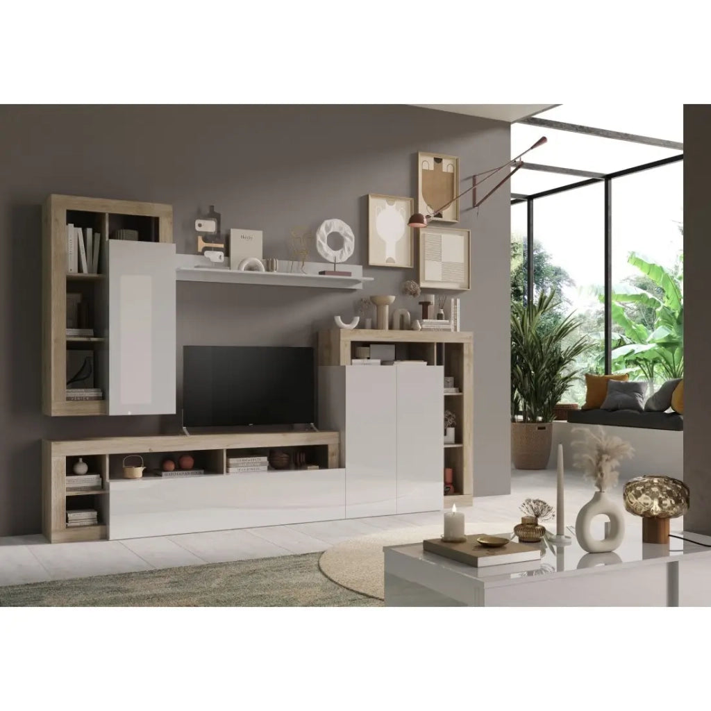 Set di mobili da soggiorno collezione BURA, lunghezza 290 cm. Colori rovere Cadiz e bianco lucido laccato.