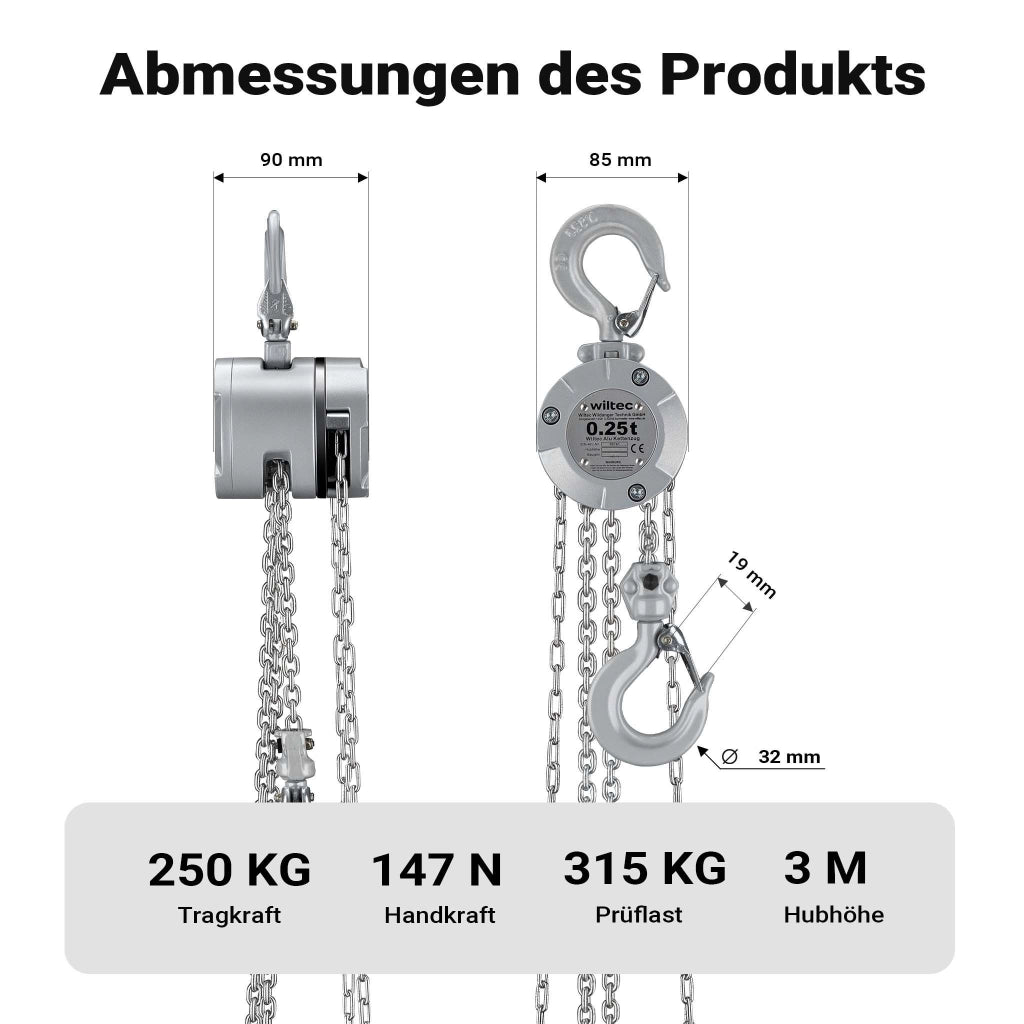 Paranco a catena manuale VX-0.25 in alluminio, capacità di carico 250 kg, altezza di sollevamento 3 m, catena di carico G100, leggero e compatto, per impieghi gravosi