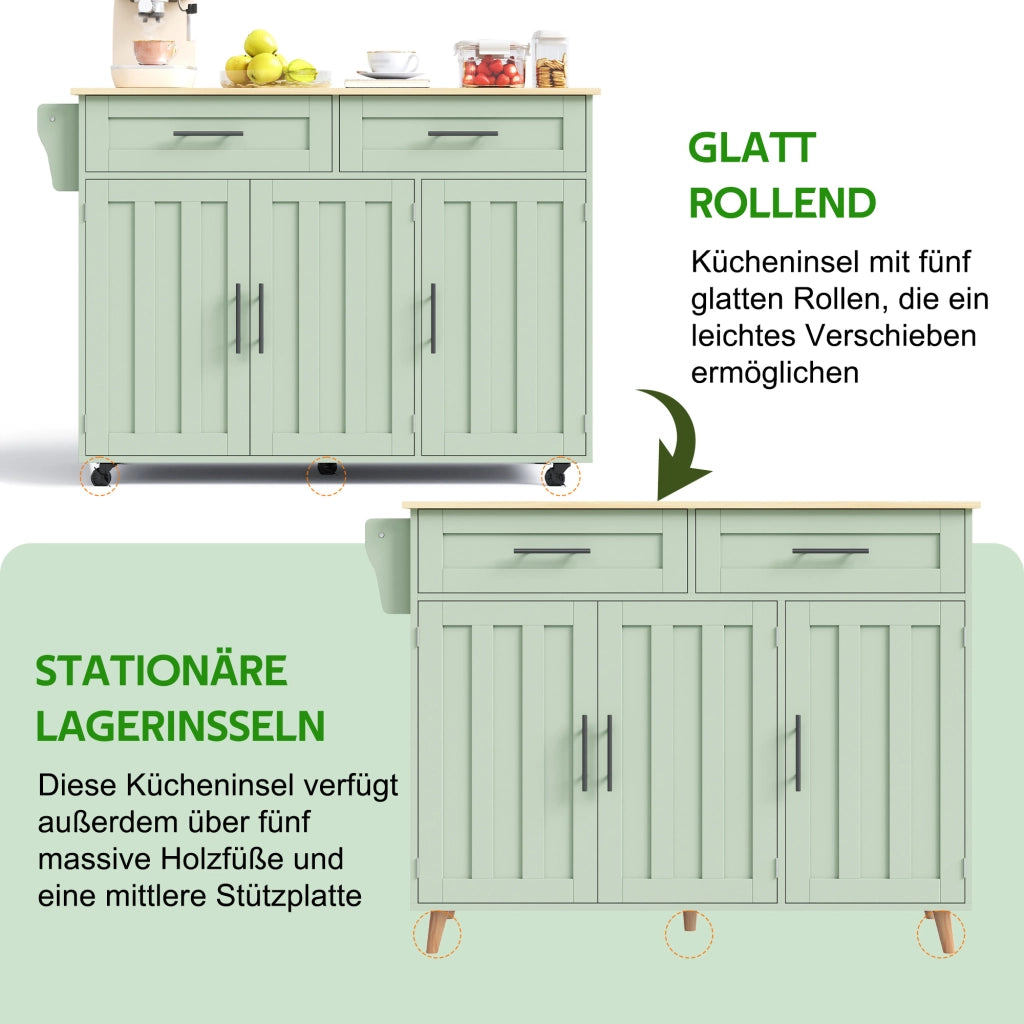 CARRELLO CUCINA ALLUNGABILE 129x71x91,5 cm Verde Antico MDF con ruote e piedi