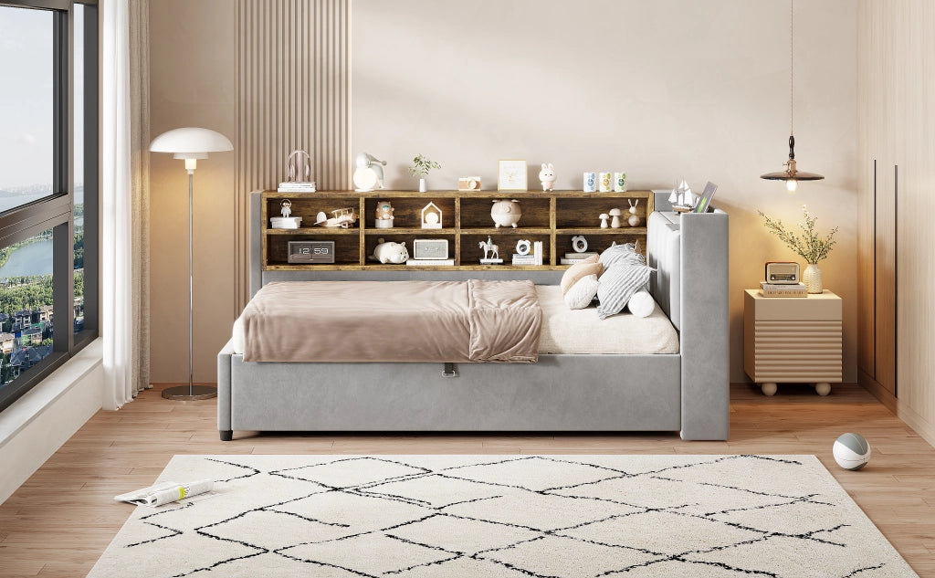 Letto matrimoniale con funzione divano letto imbottito in velluto grigio 90x200 cm