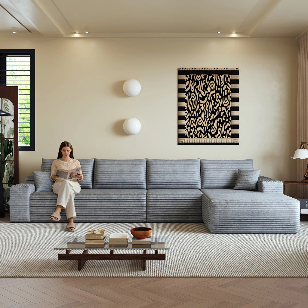 Divano angolare modulare con chaise longue a L schiuma ad alta elasticità tessuto a coste grigio per soggiorno