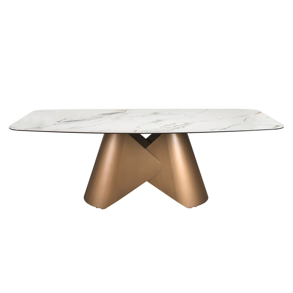 Tavolo da pranzo ovale con fusto in marmo porcellanato e acciaio color bronzo