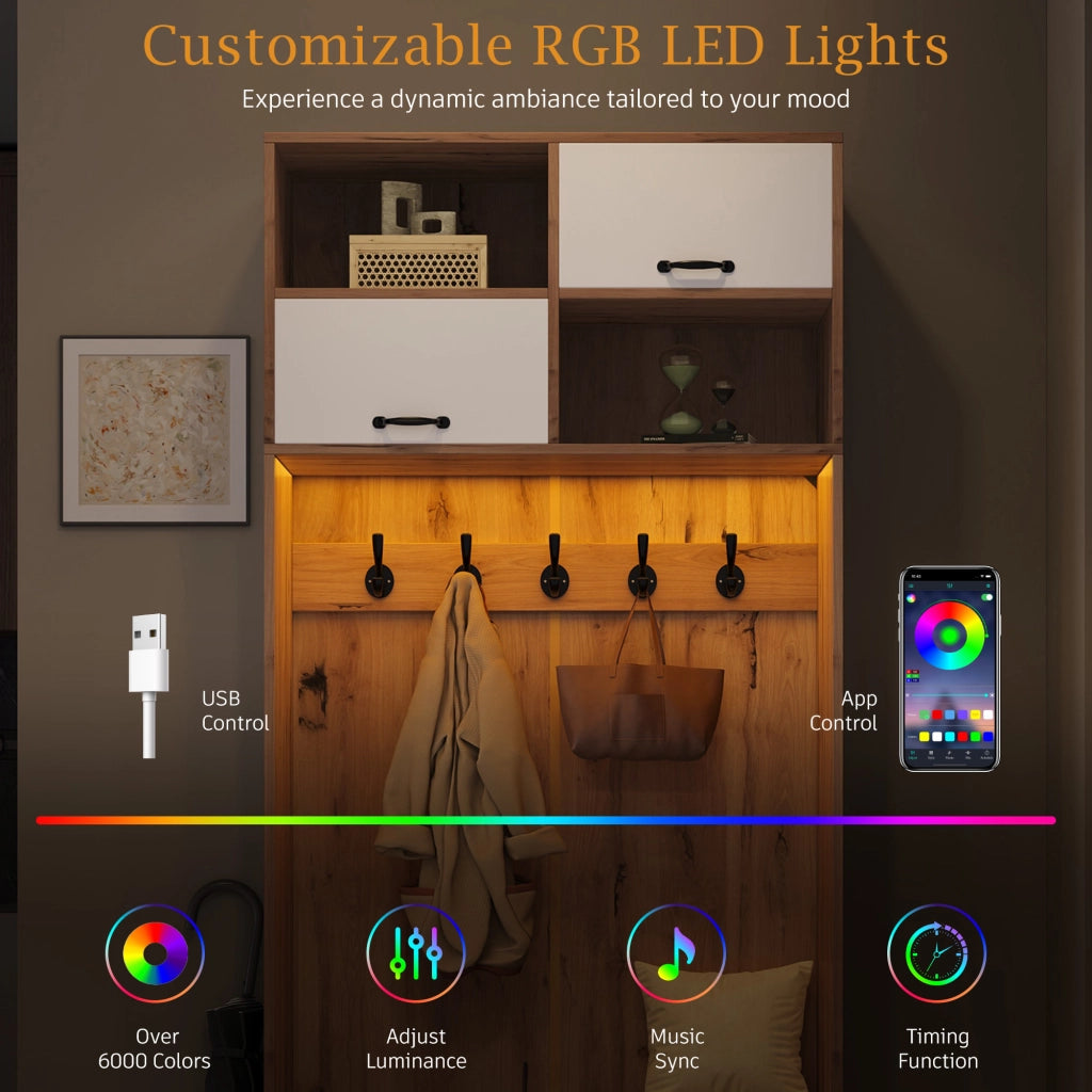 Mobile da ingresso con 5 ganci, 2 ante, 4 vani aperti e LED, in truciolare, bianco naturale, 80 × 35 × 185 cm