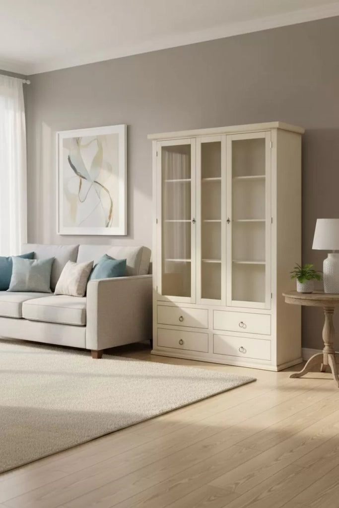Vetrina 2 ante 4 cassetti in legno shabby avorio anticato 118x40x185 - Mobili 2G
