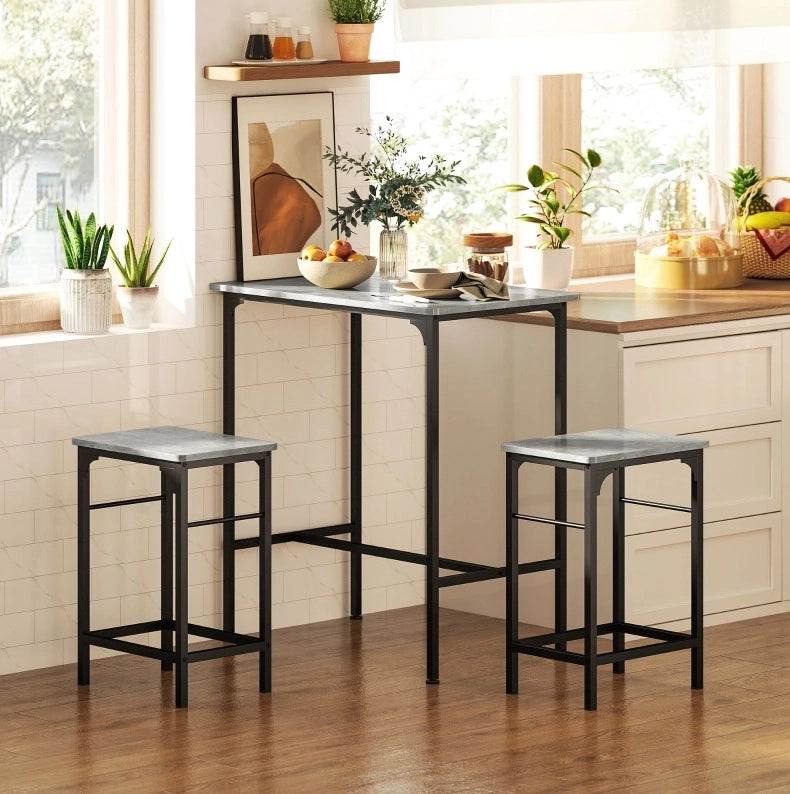 Set tavolo da bar con 2 sgabelli grigio effetto legno