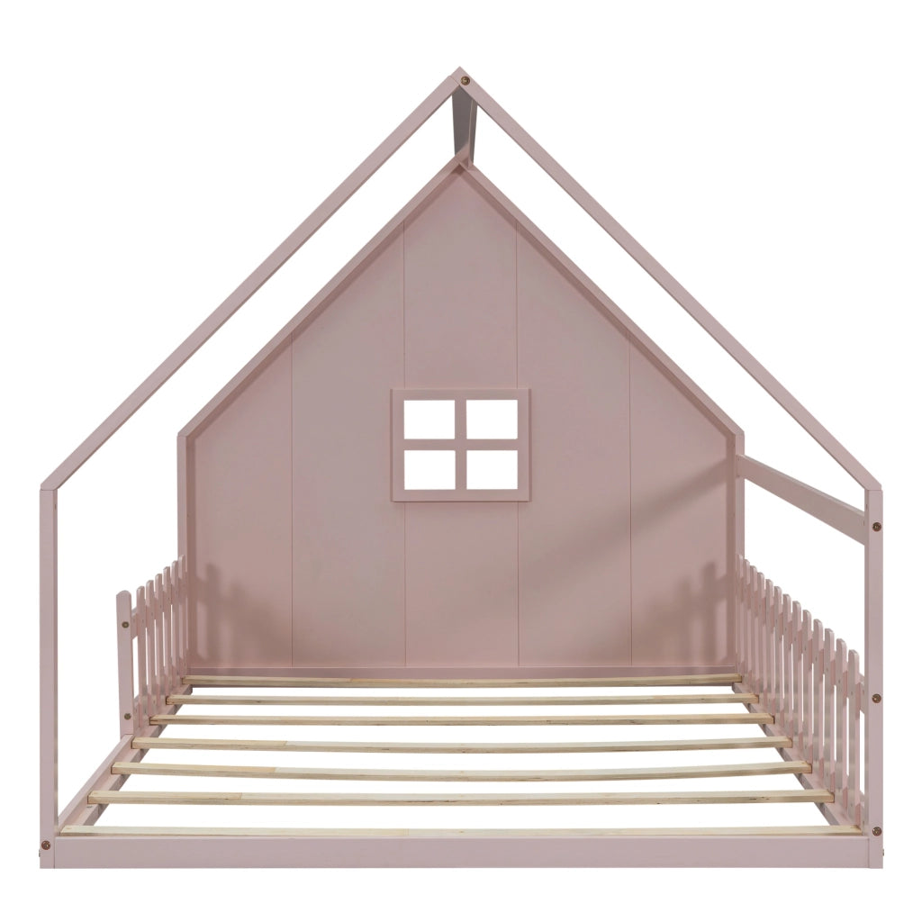 Letto per bambini a casetta rosa 140x200 cm in legno di pino con sponde