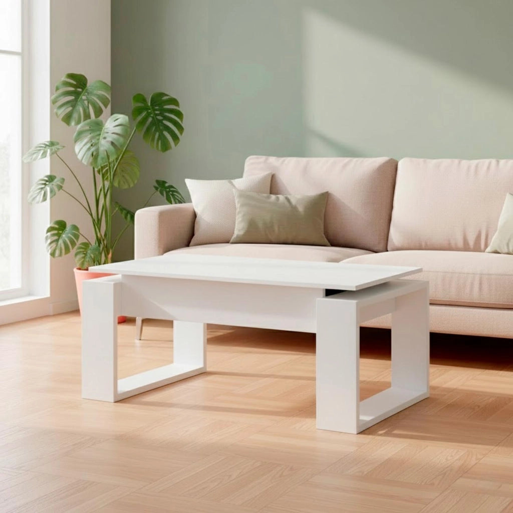 Tavolino Da Caffè Con Piano Sollevabile Rialzabile Tavolo Moderno Salvaspazio Per Soggiorno E Pranzo Ideale Per Mangiare Lavorare E Organizzare Il Living 105 X 55 X 45 Cm Bianco