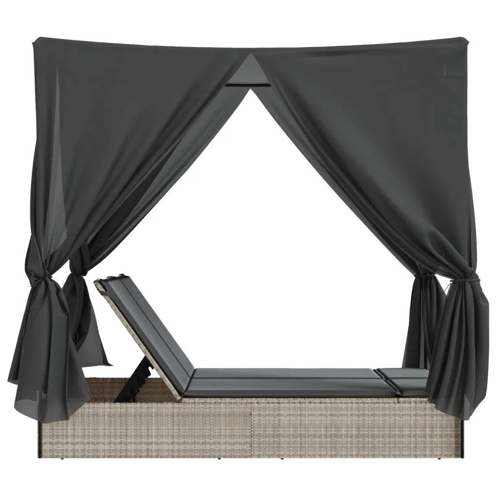 Lettino Prendisole Tetto e Tende Grigio Chiaro in Polyrattan 368077