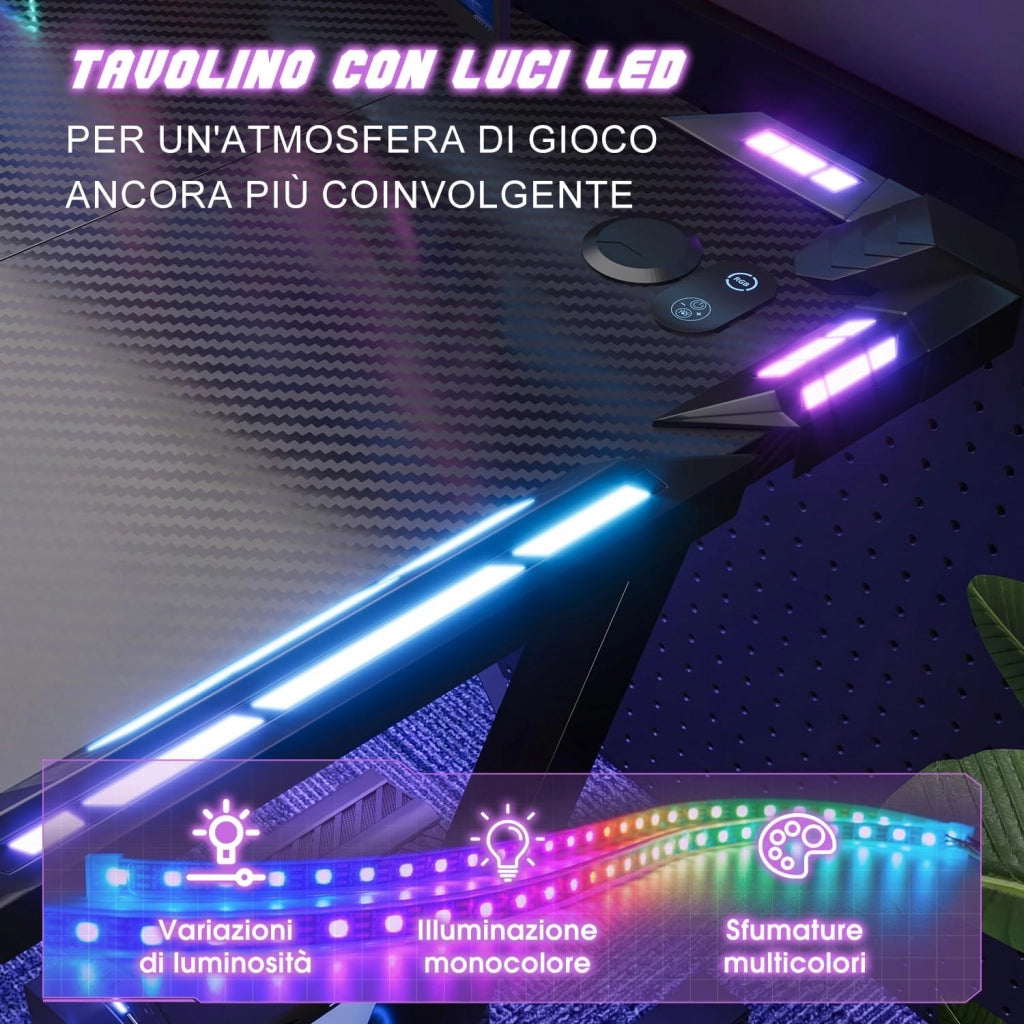 160 x 60cm Scrivania Gaming LED, Tavolo Gaming Ergonomica, Scrivania per Computer con Porta Bicchiere e Ganci per Cuffie, Postazione con Piano del Tavolo in Fibra di Carbonio, Nero