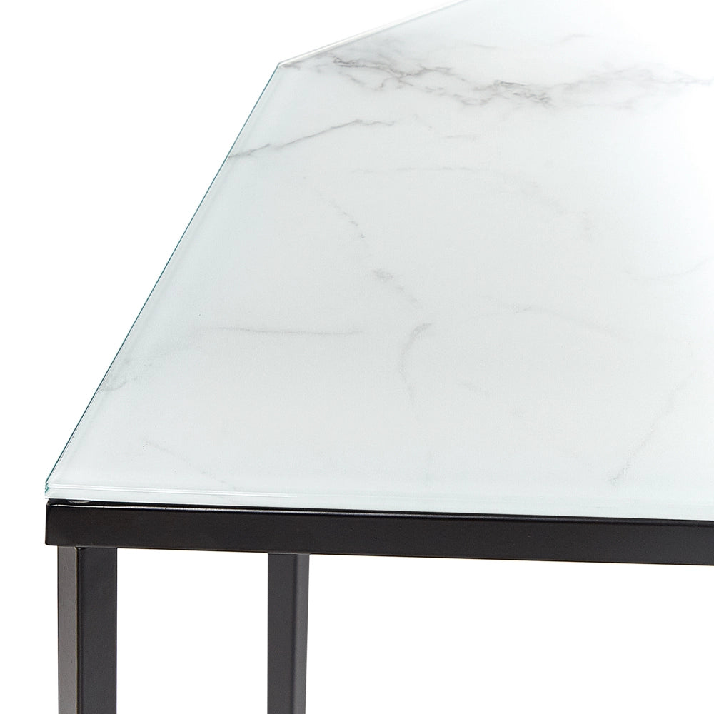 Consolle Vetro Temperato Bianco e Nero Acciaio 120 x 35 cm Effetto Marmo Gambe in Metallo Nero Glamour Soggiorno Corridoio Camera da Letto