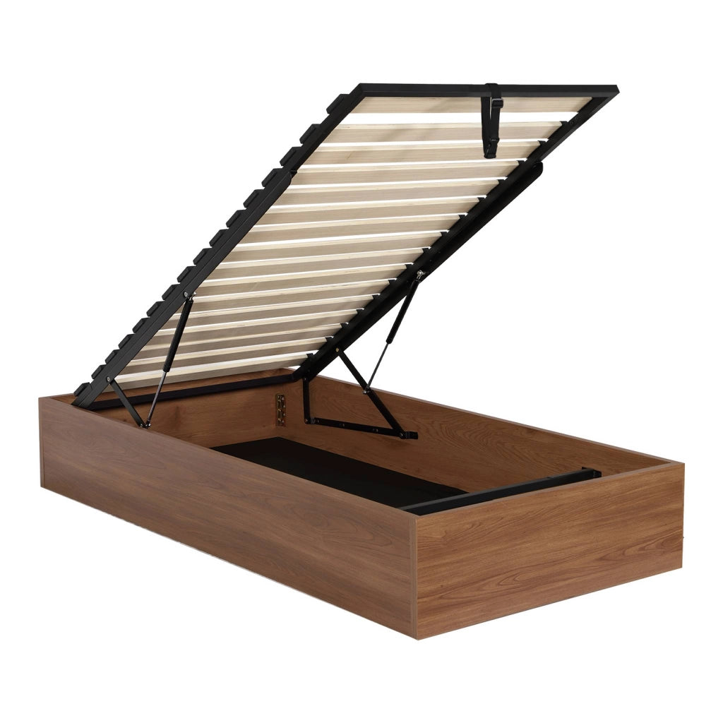 Letto contenitore con rete a doghe 90x190cm decorazione legno, noce