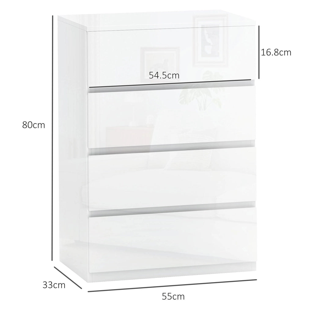 Cassettiera Moderna 4 Cassetti Antiribaltamento in Legno, 55x33x80 cm, Bianco Lucido