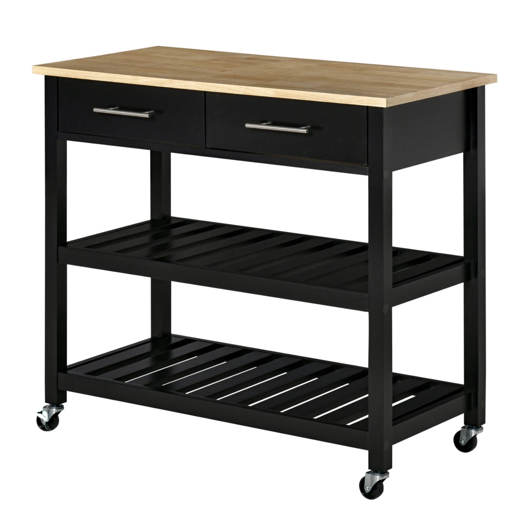 Carrello da cucina con ruote ¨C zephmum ¨C 2 ripiani, 2 cassetti, nero, legno naturale