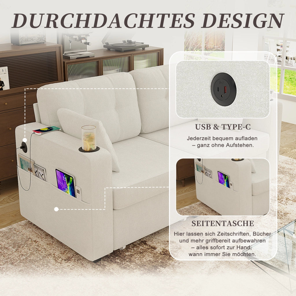 Divano a 2 posti con due cassetti contenitore, porte USB, portabicchieri e tasche laterali in ciniglia beige