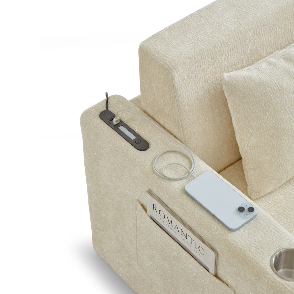 DIVANO LETTO 2-IN-1 CLAPABILE IN CHENILLE BEIGE CON USB E 2 CUSCINI