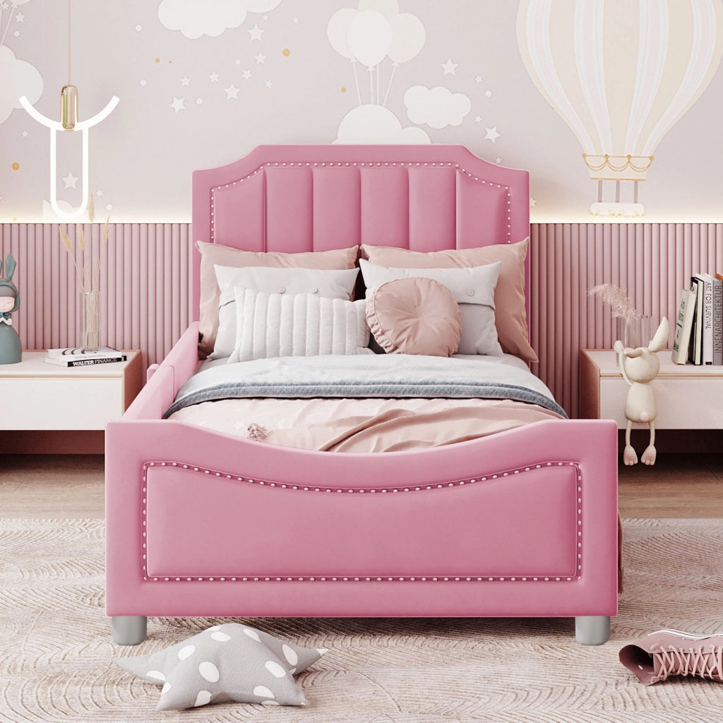 LETTO imbottito 90x200 cm in flanella rosa con testiera e pediera