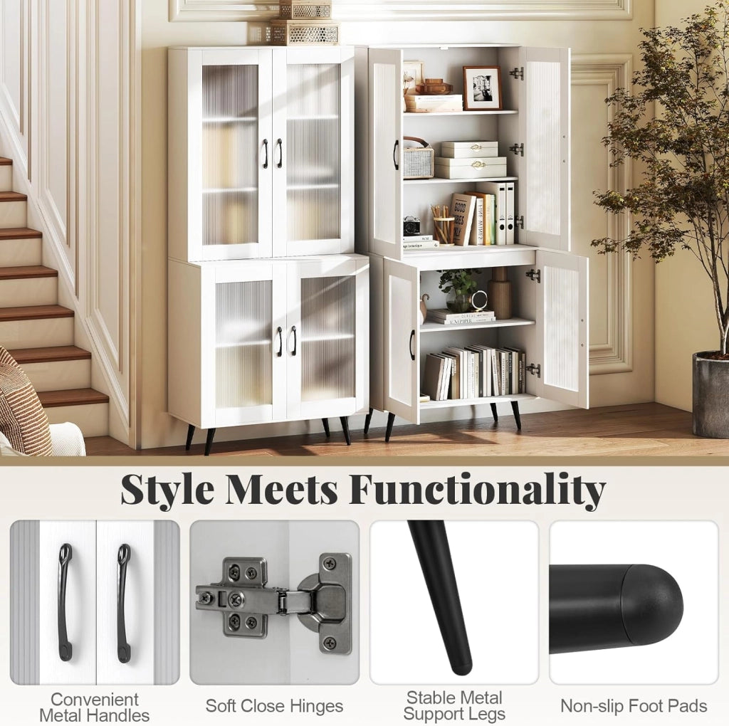 Credenza Alta da Cucina con 4 Ante Trasparente, Armadio a Buffet a 5 Livelli con Ripiani Regolabili, Mobile Dispensa, per Sala da Pranzo, Soggiorno, Bagno, 80 x 40 x 178,5 cm (Bianco)