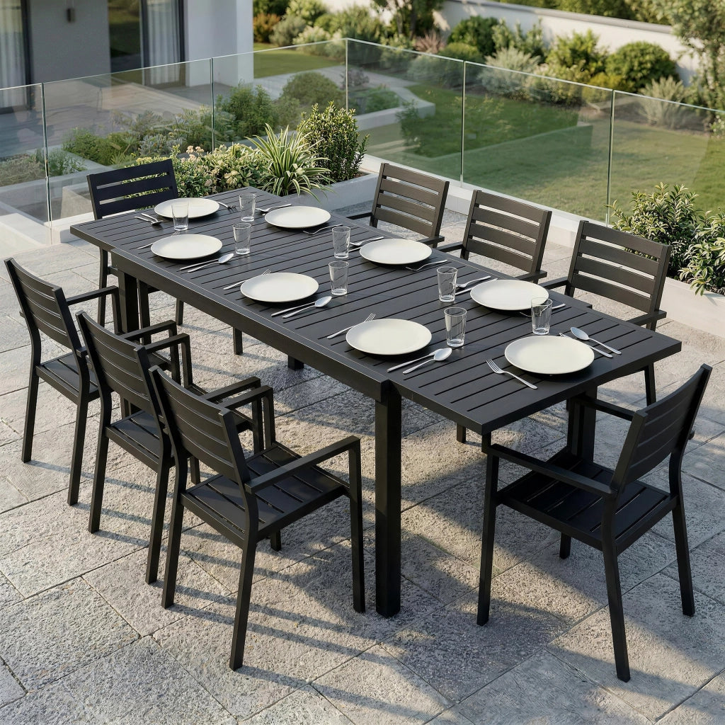 Tavolo da giardino allungabile per 6-8 persone, alluminio con piano a doghe, nero.
