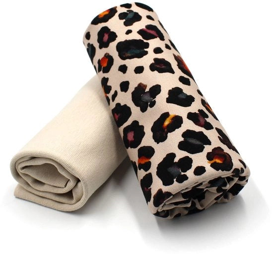 Pacchetto di tessuti 0,5 m jersey + 0,5 m cuffia per la confezione di abiti per bambini Tessuto per bambini jersey (Animal Skin + light Sand Set77)