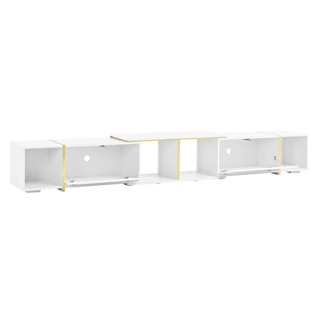 Mobile TV con elementi estraibili; vani aperti e passacavi - per soggiorno - 275×35×37 cm - in truciolare - bianco