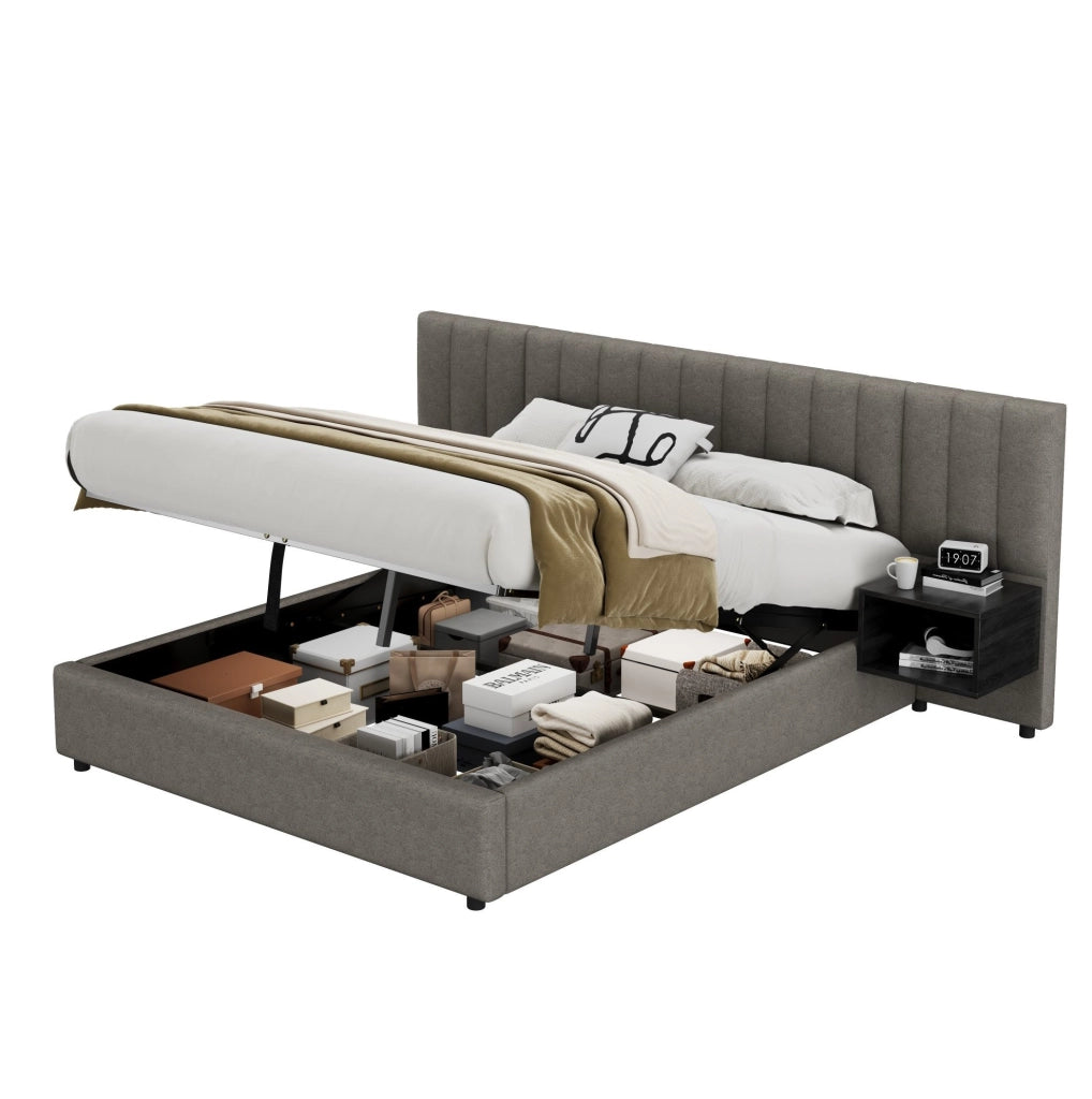 Letto contenitore 160x200 cm in lino grigio e nero con 2 comodini e rete a doghe