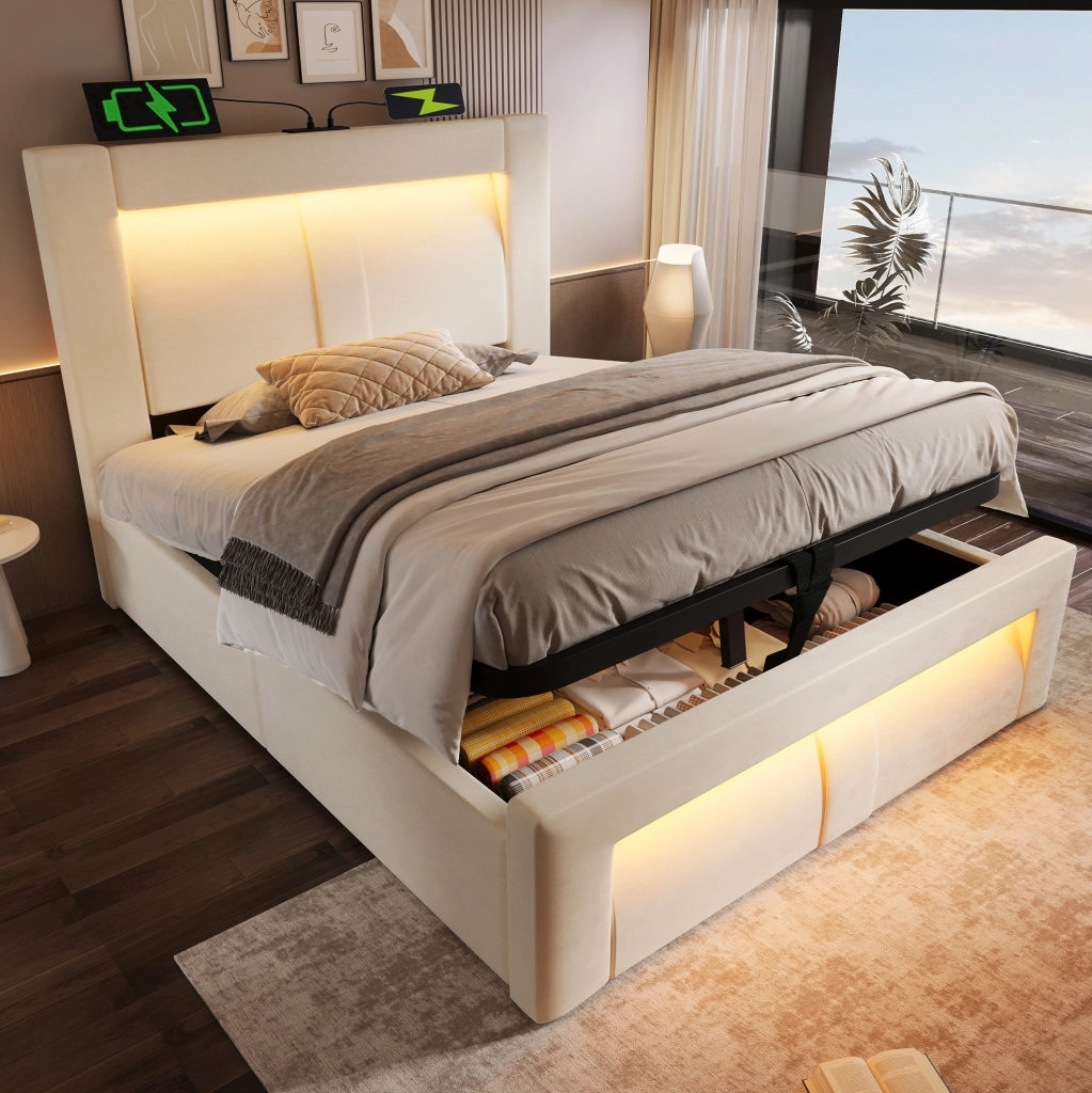 Letto singolo 90x200 cm con contenitore; LED; USB e Type-C; in velluto beige